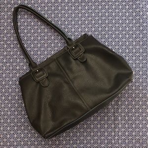 Liz Clairborne black faux leather tote bag with buckles and blue fabric lining